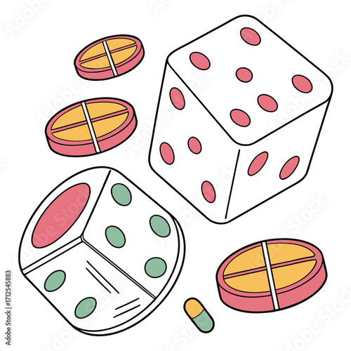 Conceptual illustration of dice and pills representing chance and medical treatment options