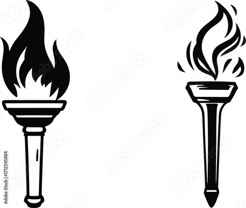 Torch Symbol Pair Illustration — Minimalist Black and White Design Featuring Two Stylized Flame Torches with Contrasting Sharp and Fluid Fire Forms Representing Light, Freedom, and Symbolic Guidance