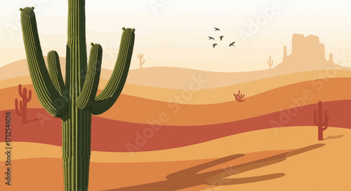 Desert Landscape Illustration Featuring a Giant Saguaro Cactus and Birds in Flight