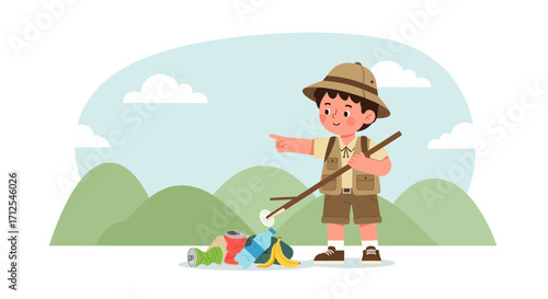 Enthusiastic Boy Cleans Up Litter, Promoting Environmental Conservation and Green Planet