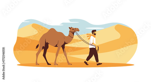 Desert Traveler Leading A Camel Through Sandy Terrain Under Warm Sunlight