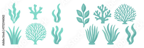 Stylized underwater plants, seaweed, and coral reef elements in a vibrant teal color palette, isolated on a clean white background