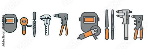 Assortment of professional metalworking and welding tools including safety equipment, measuring instruments, and hand tools