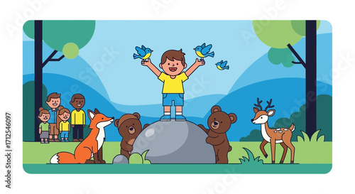 Enthusiastic Child Celebrating With Forest Friends And Enchanting Wildlife In Nature