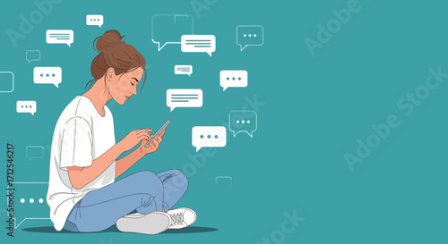 Digital Communication: Young Woman Immersed in Conversations Using Her Mobile Phone