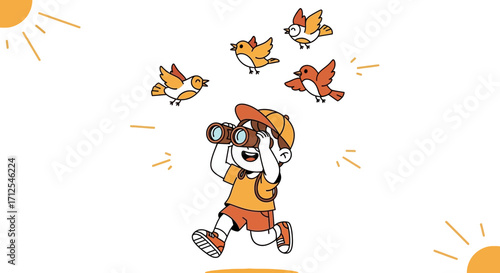 Enthusiastic Child Observing Birds With Binoculars During Sunny Day Adventure
