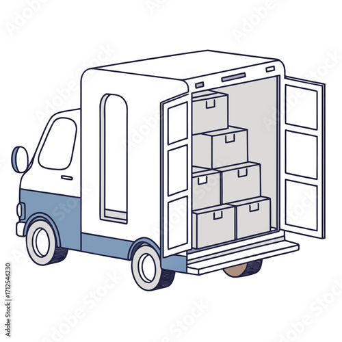 Illustration of a delivery truck with its rear doors open and boxes stacked inside