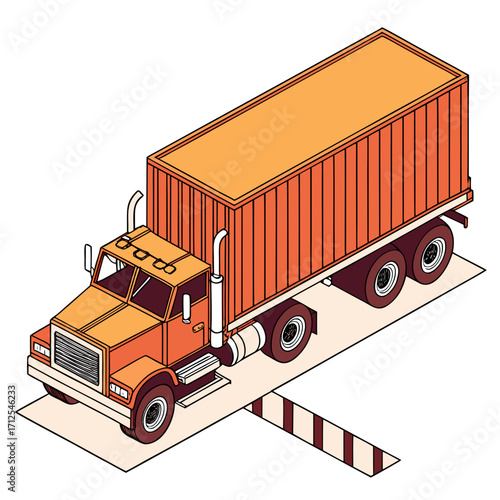 Isometric illustration of an orange semi truck with a shipping container on a weigh station platform