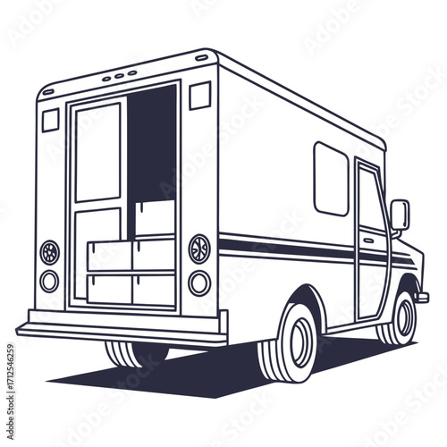 Line art illustration of a delivery truck with its back doors open and boxes inside