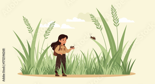 Enthusiastic Entomologist Observing Insect Behavior In A Lush, Verdant Meadow Landscape
