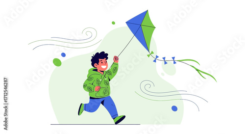 Enthusiastic Child Running With Kite Vector Illustration Depicting Joyful Moments Outdoors