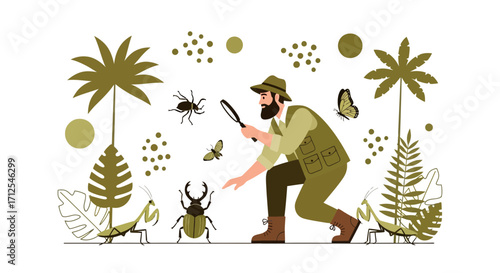 Enthusiastic Entomologist Studying Insects With Magnifying Glass In Natural Habitat