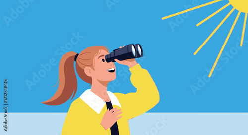 Enthusiastic Explorer Discovering Through Binoculars Under Bright Sunlight and Sky