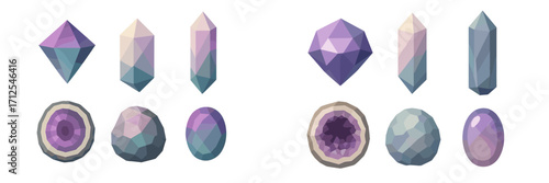 Collection of purple gemstones and crystals displayed in various shapes and sizes on a light background
