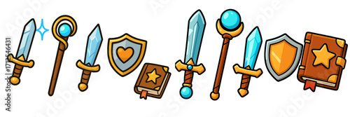 Colorful fantasy game icons showcasing swords, shields, and magical artifacts for an engaging adventure theme