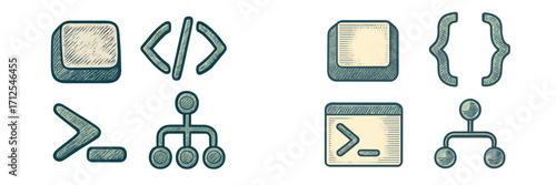Creative representation of coding symbols and icons in a detailed design perfect for technology and programming themes