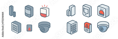 Collection of security system icons showcasing various components and devices for safety monitoring and alert systems
