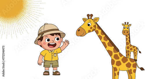 Enthusiastic Explorer Greeting Giraffes Under Bright Sunny Skies with Joyful Fascination