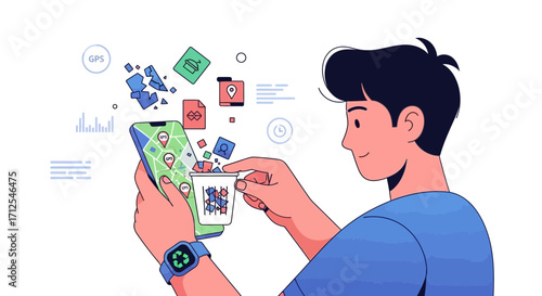 Digitally Connected Person Navigating With Mobile Technology And Smartwatch For Location Services