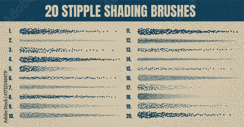 Ink scatter brush, stipple drawing and texturing. Fading gradient. Stippling, dotwork drawing, shading using dots. Halftone disintegration effect. White noise grainy texture. Vector illustration