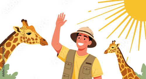Enthusiastic Explorer Greeting Giraffes Under The Warm Sun, Creating Delightful Scenes