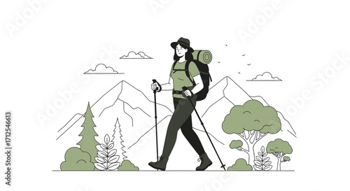 Enthusiastic Female Hiker Trekking Through Majestic Mountain Landscapes Adventure
