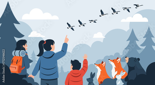 Enthusiastic Friends Watching Migratory Birds Fly Over Forest Animals During a Hiking Trip