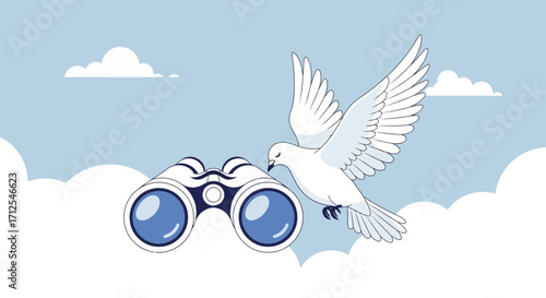 Discovering Serenity With Binoculars and Peaceful Dove in The Clouded Sky