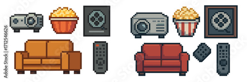 Pixel art design of a cozy movie night setup with popcorn, couch, and remote controls for a fun experience