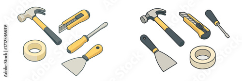 Assorted hand tools arranged neatly for various construction and repair tasks at a workshop