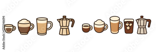 Various types of coffee drinks arranged in a fun, illustrative way showing brewing methods and serving styles