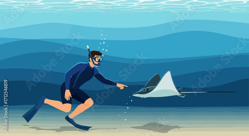 Diver Encountering Underwater Creature in Animated Ocean Illustration of Marine Life