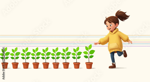 Enthusiastic Girl Interacting With Growing Plants In Brown Pots On White Background