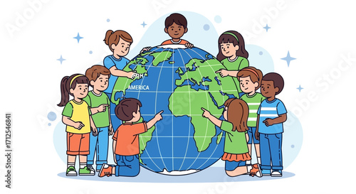Diverse Children Exploring The Globe, Discovering The World Together and Understanding Geography
