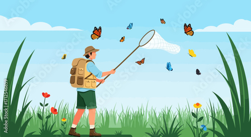 Enthusiastic Hunter Attempts Capturing Flying Fragile Fluttering Butterflies Under A Clear Sky