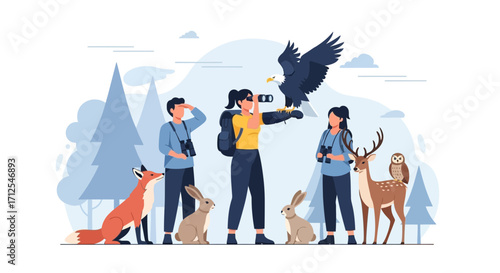 Enthusiastic Nature Lovers Observing Wildlife During A Natural Scenery Visualization