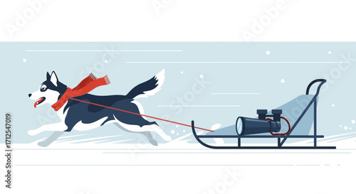Dog And Sled Pursue Adventure During Snowfall In Pristine Winter Scenery