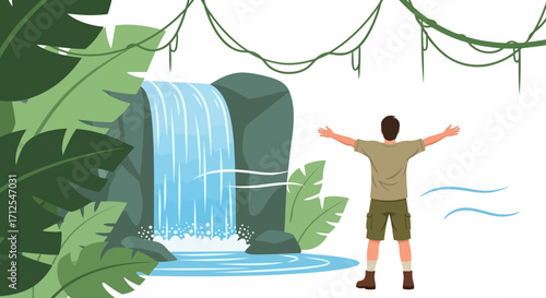 Enthusiastic Traveler Enjoying Waterfall's Splendor And Immersed In Jungle's Embrace