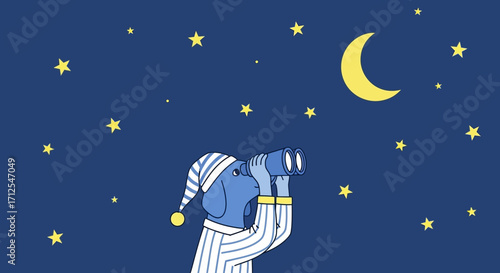 Dog In Pajamas Gazing At Stars With Binoculars Under A Crescent Moon