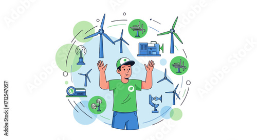 Enthusiastic Professional Presenting Sustainable Wind Energy Solutions Vector Illustration