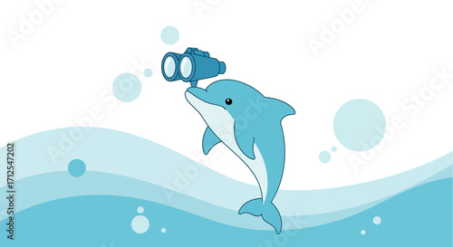 Dolphin Observing The Ocean With Binoculars And Bubbles Illustration