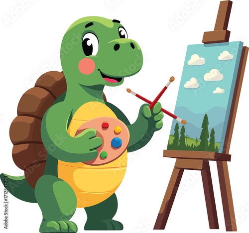 Cute turtle artist painting on canvas, creative animal character