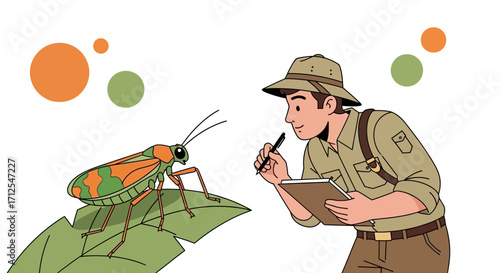 Entomologist Observing Leafhopper in Natural Habitat with Notations for Research