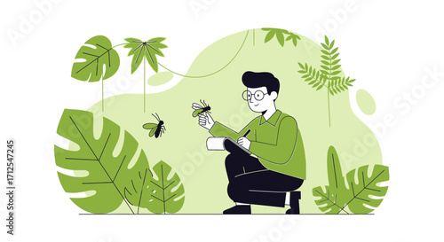 Entomologist Studies Insect Lifecycle In Lush Foliage And Nature Illustration
