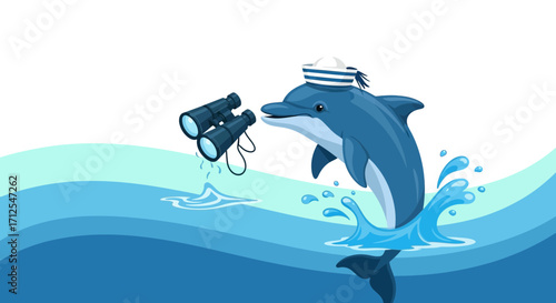 Dolphin With Sailor Hat Viewing Objects Through Binoculars In The Ocean Waters