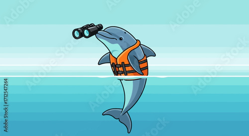 Dolphin Observing, Wearing a Life Vest, and Using Binoculars, In the Blue Oceanic Water
