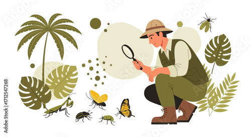 Entomologist Searching Insects In Nature With Magnifying Glass And Tropical Plants
