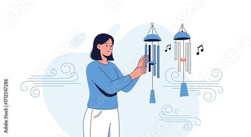 Gentle Breeze: Woman Interacting With Wind Chimes For Soothing Melodic Sounds