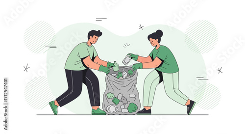 Environmental Cleanup Volunteers Cooperatively Sorting Waste Into A Recycling Bag Illustration