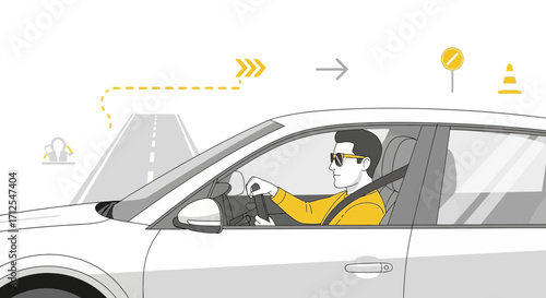 Drawn Illustration Of Driver Traveling Down Highway With Safe Driving Symbols Included